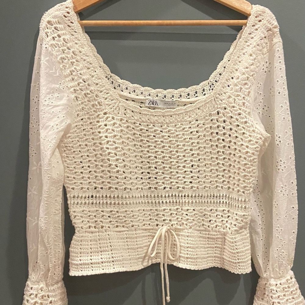 Zara cream Puff Sleeve Cropped Blouse
